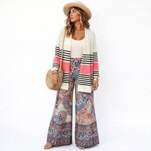 J Jill Linen Blend Striped Open Front Boho Cardigan Size XL